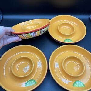 (4) Crate & Barrel Lime Divided Chip Salsa Serving Platter Individual Bowl 7"